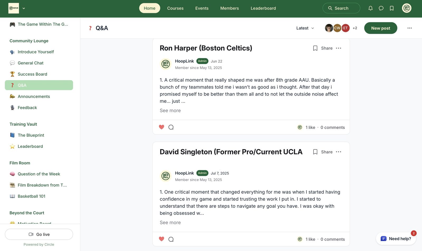Inside the HoopLink Q&A space: pro players answering member questions